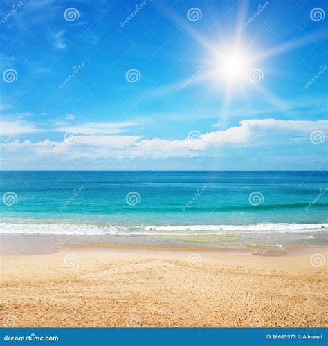 Seascape And Sun On Blue Sky Background Stock Image Image Of