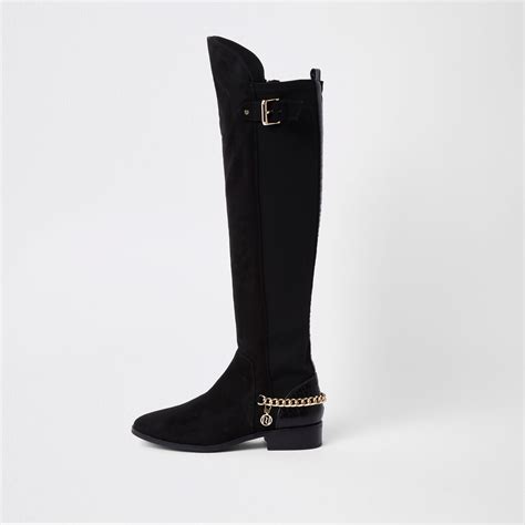 River Island Suede Chain Detail Knee High Boots In Black Lyst