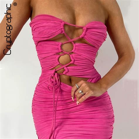 Cryptographic Everlasting Pink Ruched Mesh Strapless Mini Dress Sexy Backless Lace Up Elegant