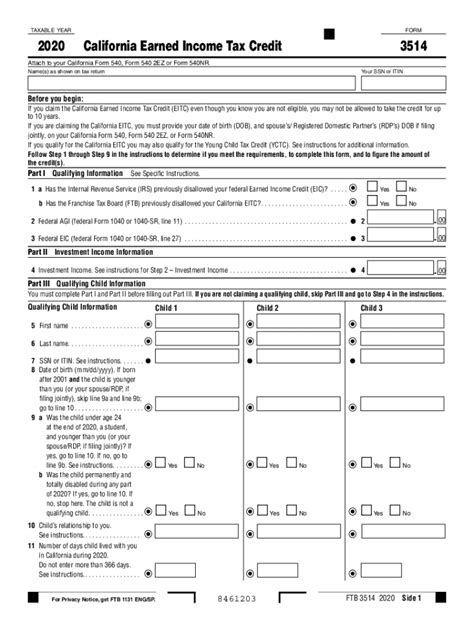 2020 Form 3514 California Earned Income Tax Credit 2020 Form 3514