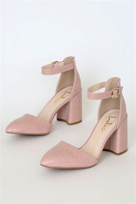 ellarose blush pink crocodile ankle strap heels in 2020 blush shoes strap heels pink kitten