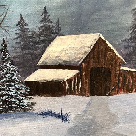 Original Acrylic Paintingcabin In The Woodssnow Etsy