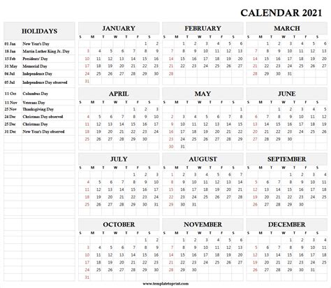12 Month Printable Calendar 2021 With Holidays 2021