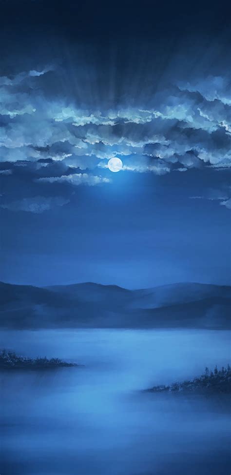 1440x2960 Anime Landscape Night Moon Clouds Sky Lake Artwork For