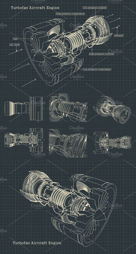 Turbofan Engine Blueprints Set Mechanical Engineering Design