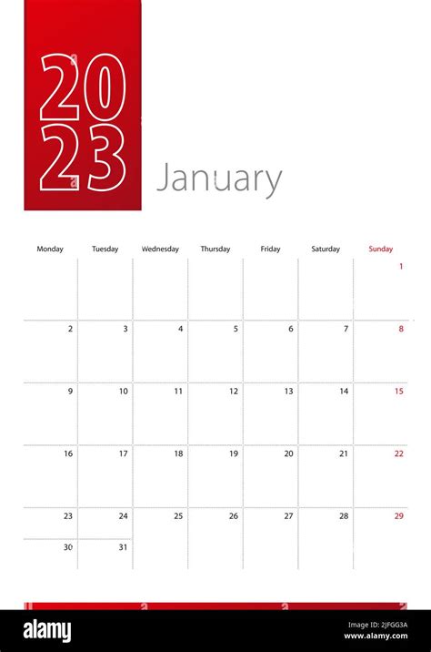 January 2023 Calendar Design Week Starts On Monday Vertical 2023