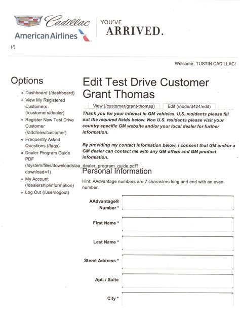 Tustin Cadillac Test Drive Form 1 Travel With Grant