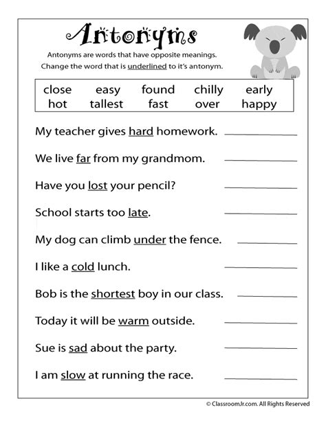 Free Printable Antonym Worksheet