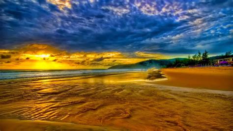 Golden Sunset Seashore Sandy Beach Sky Clouds Wallpaper Hd