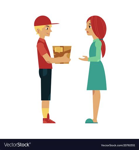 Flat Delivery Man Giving Box To Girl Royalty Free Vector