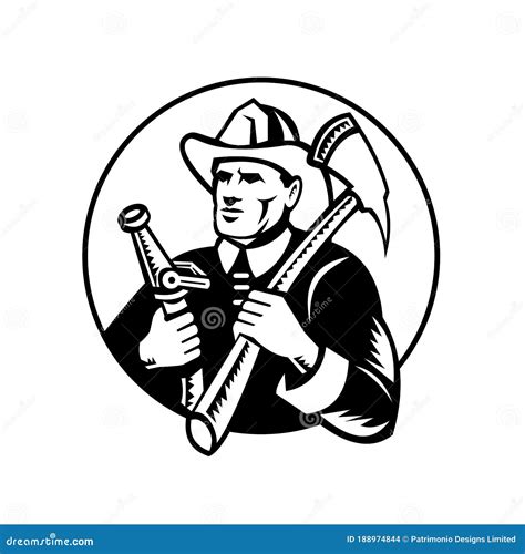 Fireman Holding Fire Axe And Hose Circle Woodcut Retro Black And White Stock Vector