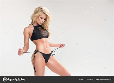 Sexy Blonde Woman Black Swimwear Grey Background Stock Photo By