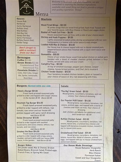 Online Menu Of Mountain Top And Provisions Restaurant Lock Haven