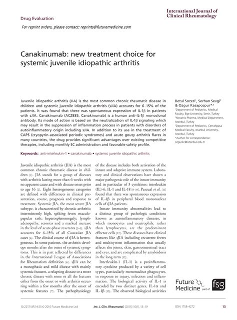 Pdf Canakinumab New Treatment Choice For Systemic Juvenile