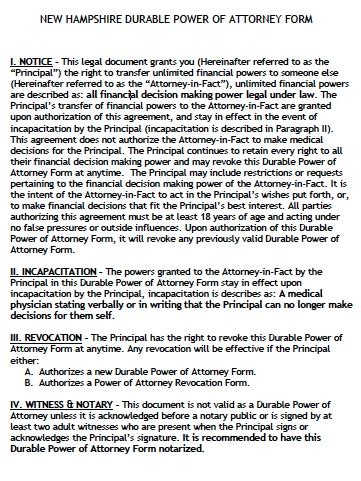Power of attorney means a writing or other record that grants authority to an agent to act in the place of the principal, whether or not the term power of attorney is used. Free New Hampshire Power of Attorney Forms and Templates