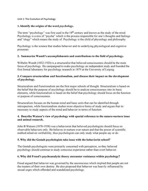 Psychology Unit 1 study questions-converted-1 - Unit 1: The Evolution