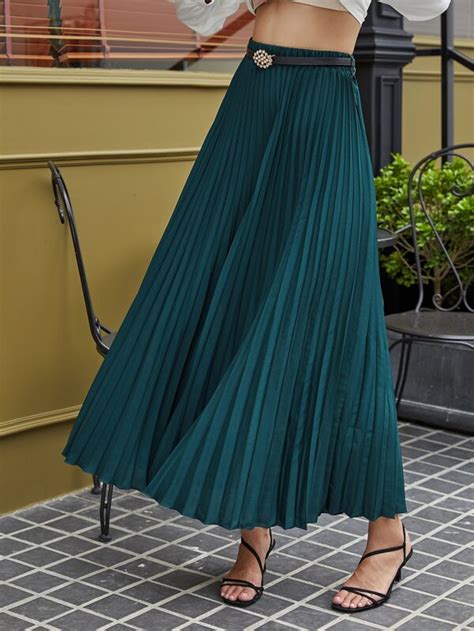 Solid Elastic Waist Pleated Skirt Shein Usa