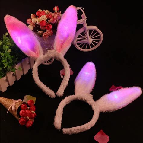 Girls Light Flashing Led Plush Fluffy Bunny Rabbit Ears Headband Tail Tie Costume Dress Up