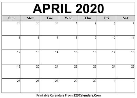 Printable April 2020 Calendar Templates