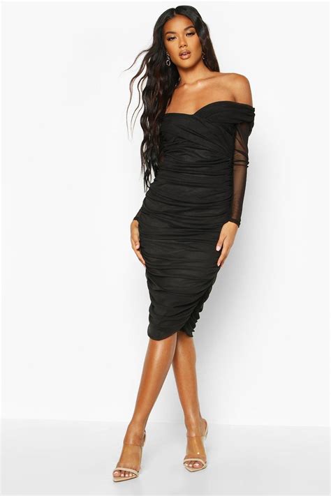 Womens Off Shoulder Ruched Mesh Bodycon Midi Dress Midi Dress Bodycon Bodycon Fashion Black