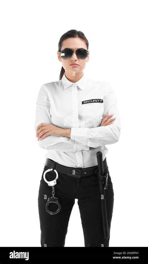 Female Security Guard In Uniform On White Background Stock Photo Alamy