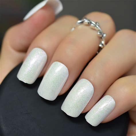 Pearl White Fake Nails Shimmer Glitter False Nail Full Cover Uv Gel
