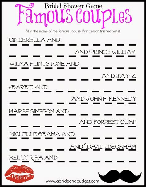 Famous Couples Bridal Shower Game Free Printable Bridal Shower