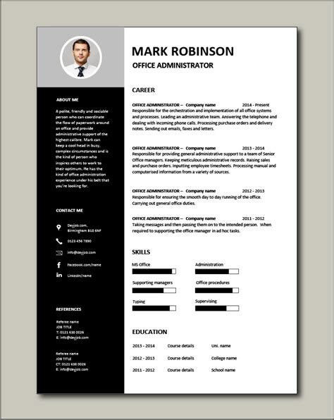 Timelines, horizontal bars, and neutral color accents bring a sense of order to the layout. Free Office Administrator CV template 3