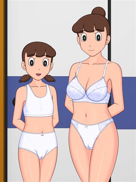 Minamoto Michiko Minamoto Shizuka Doraemon 2girls Black Eyes Bow Bow Panties Bra Breasts