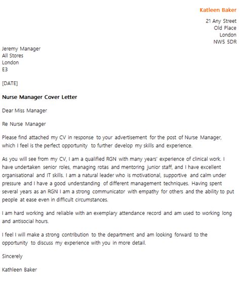 Nurse Manager Cover Letter Example Uk