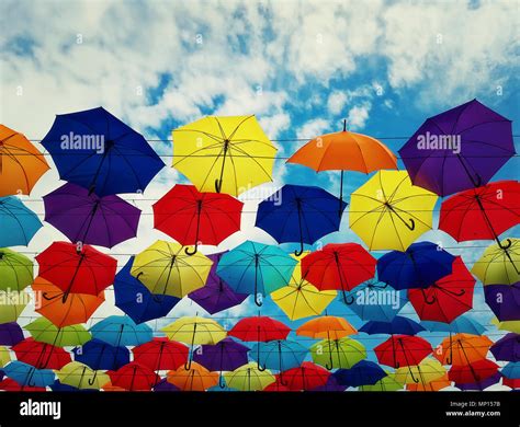 Colourful Orange Red Blue Umbrellas Hi Res Stock Photography And Images