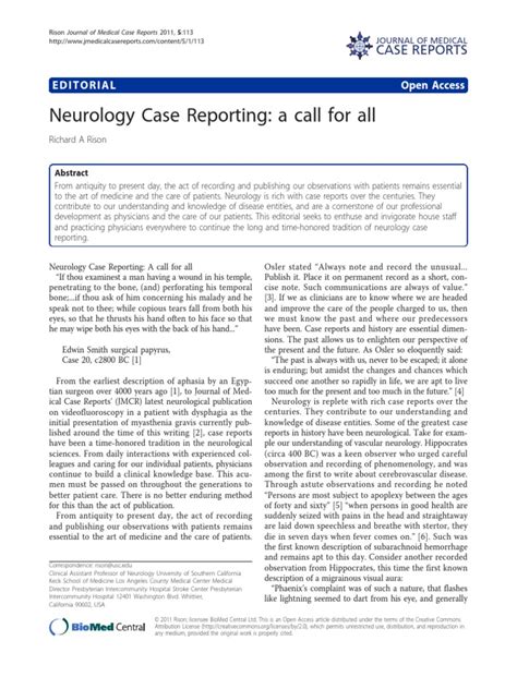 Case Report Neurology Case Report Neurology Free 30 Day Trial