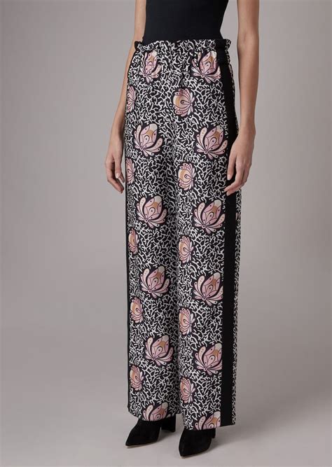 Mixed Silk Palazzo Pants With Foliage Pattern And Contrast Band Woman Giorgio Armani