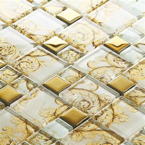 Beige Crystal Glass Mosaic Tile Hand Painted Gold Plated Tile Wall