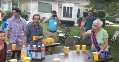 100 year old grandmother plays beer pong