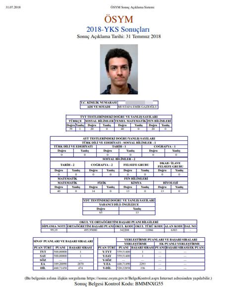 Adaya ait sonuç belgesi üzerindeki sonuç belgesi kontrol kodunu ve t.c. 2018 YKS sınav birincisi Mustafa Emir Gazioğlu kimdir ...