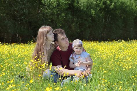 Happy Woman Man Sit Yellow Flowers Meadow Stock Photos Free And Royalty