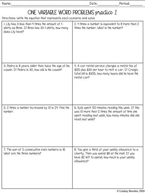 One Variable Equations Worksheets