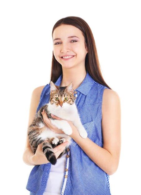 Premium Photo Beautiful Young Woman With Cute Cat On White Background