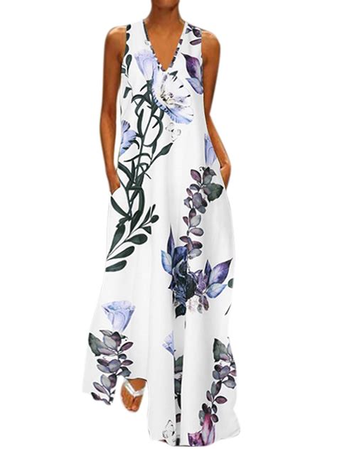 Wodstyle Womens V Neck Floral Sleeveless Maxi Dresses Plus Size