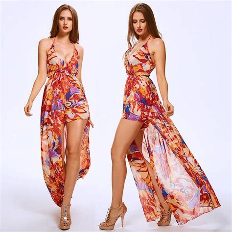 Multi Color Bohemian Style Halter Neck Maxi Dress With Shorts Underneath Sexy Romper Dress