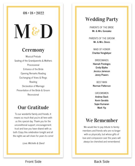 The wedding program should specify all the details about the ceremony and the wedding program should start with the name of the couple and the time, date and venue of the wedding. Simple Golden Wedding Program Template