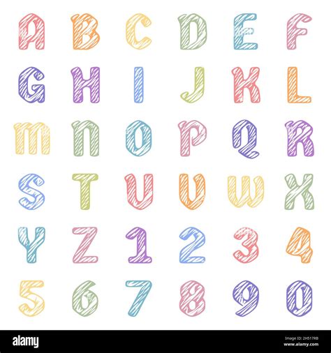 A Set Of Colorful Letters And Numbers In Doodle Style Scribble