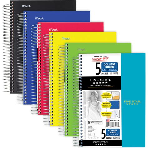 Five Star 5 Subject College Ruled Spiral Notebook