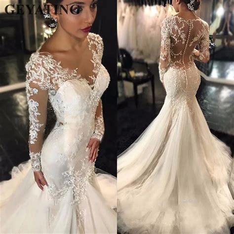 Elegant Vintage Lace Wedding Dress Long Sleeves Ruched Mermaid Bridal Gowns 2018 Saudi Arabia