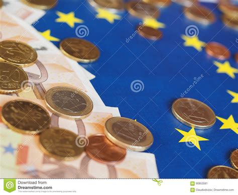 Euro Notes And Coins European Union Over Flag Stock Image Image Of
