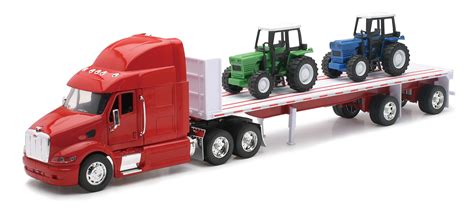 Buy Peterbilt Truck With Flatbed Trailer And 2 Farm Tractors Diecast