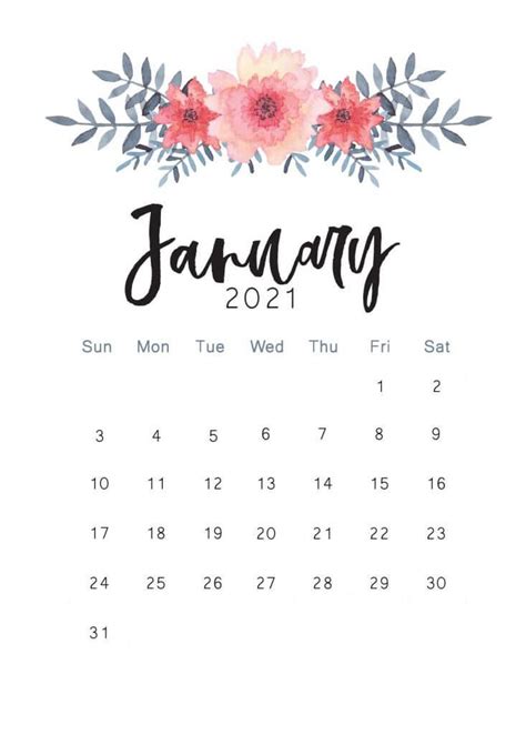 Floral January 2021 Wall Calendar Calendar Printables Monthly