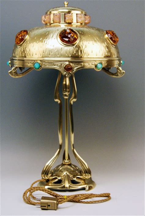 Art Nouveau Table Lamp Brass Multicolored Glass Stones Vienna Made 1905 1910