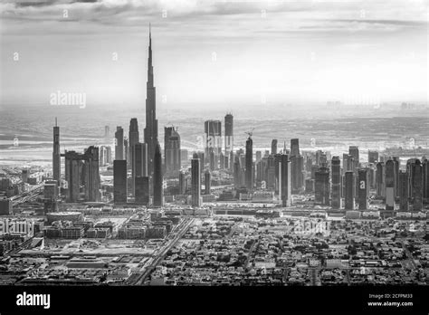 Aerial View Of Dubai Skyline In Black And White United Arab Emirates